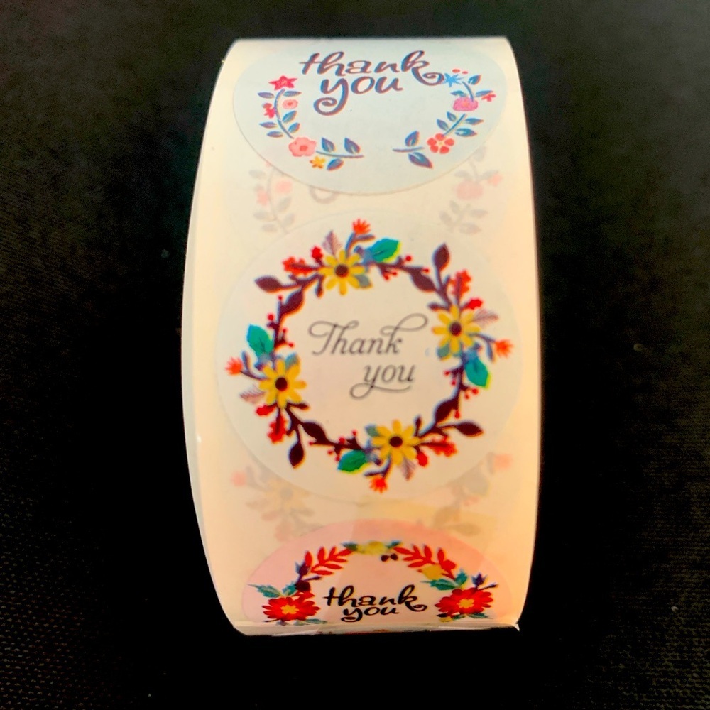 Thank You Sticker Labels 500 labels on roll. 1” Round NWT floral designs